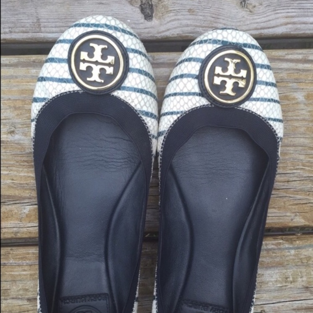Tory Burch Cream & Black Striped Logo Ballet Flats